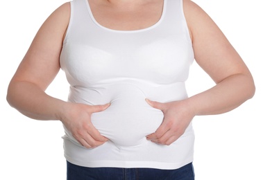 Overweight woman isolated on white, closeup. Obesity and weight loss