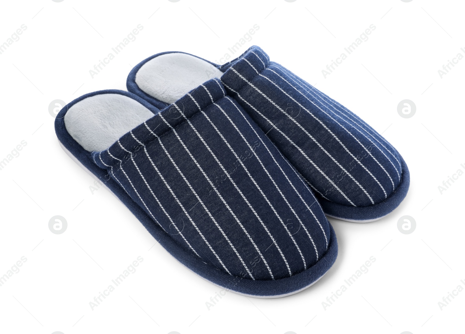 Photo of Pair of striped slippers isolated on white