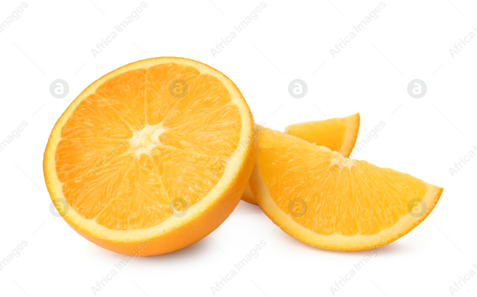 Photo of Cut fresh ripe orange on white background