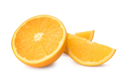 Photo of Cut fresh ripe orange on white background