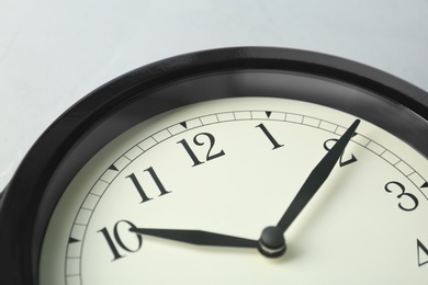 Big black clock, closeup. Time change concept
