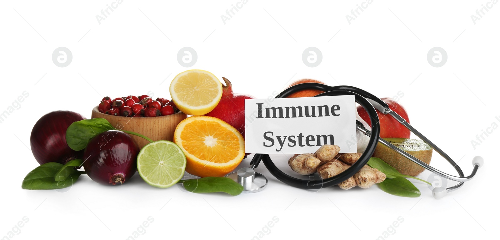 Photo of Set of natural products and card with text Immune System on white background