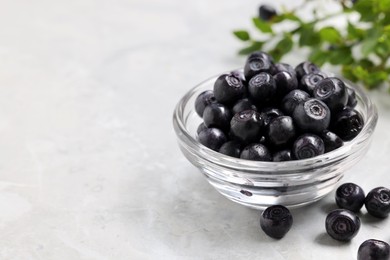 Photo of Ripe bilberries in bowl on light marble table, closeup. Space for text