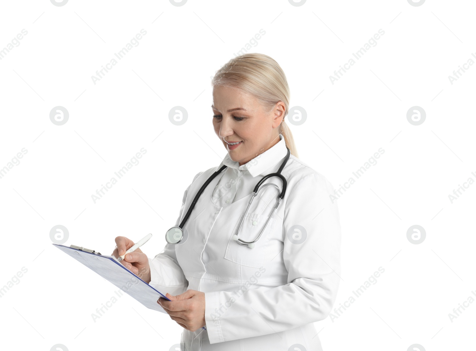 Photo of Mature doctor with clipboard on white background