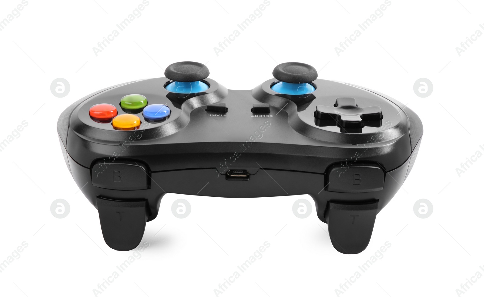 Photo of Black wireless controller on white background. Video game device