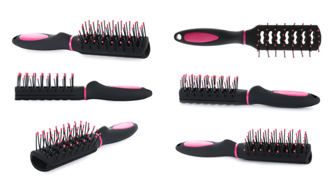 Set with hair brushes on white background