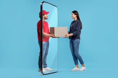 Courier delivering parcel to woman through huge smartphone on light blue background