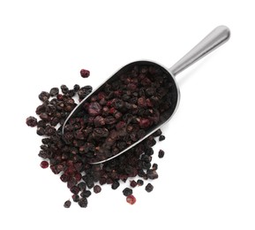 Scoop with tasty dried currants on white background, top view