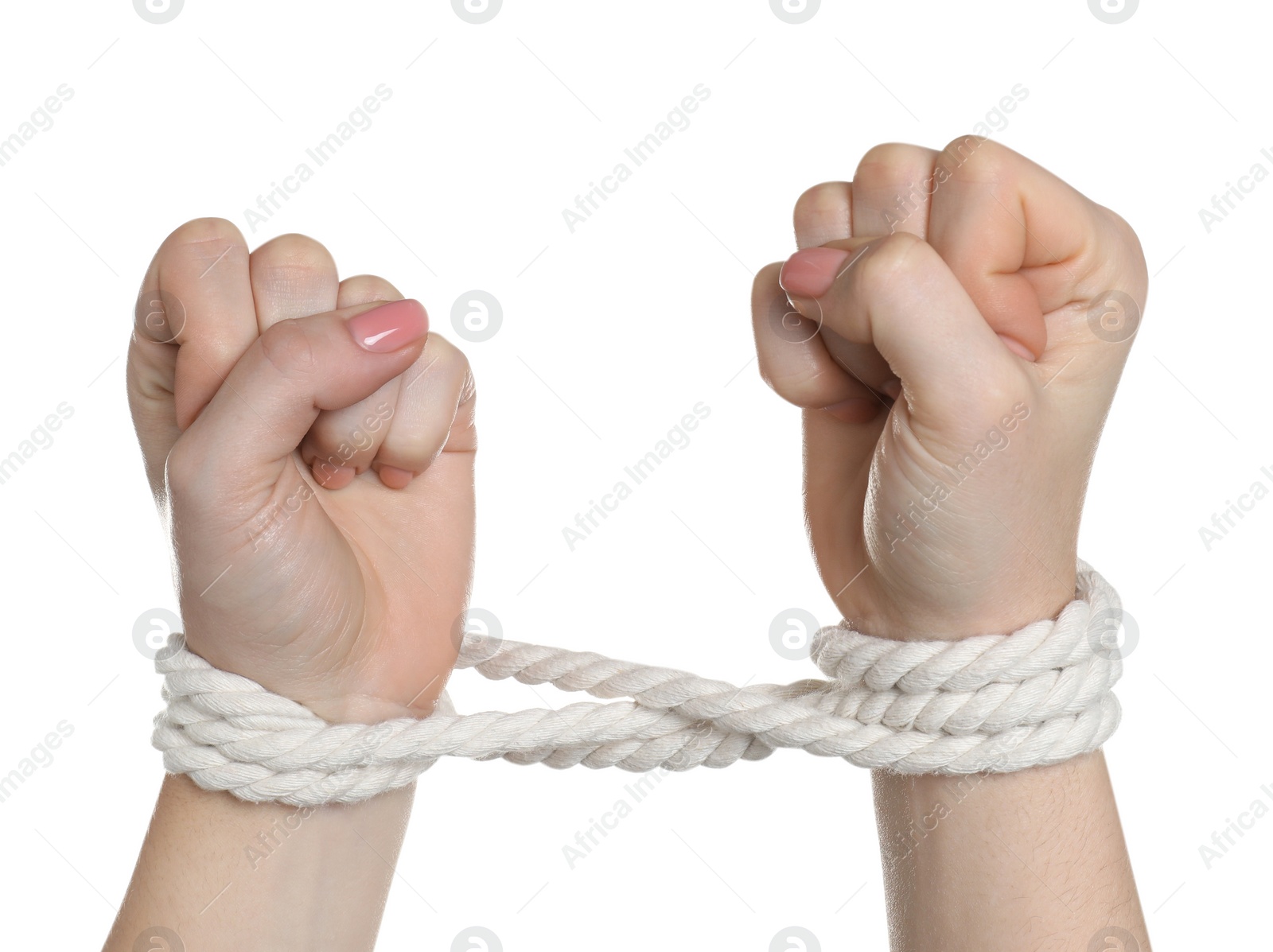 Photo of Freedom concept. Woman with tied arms on white background, closeup