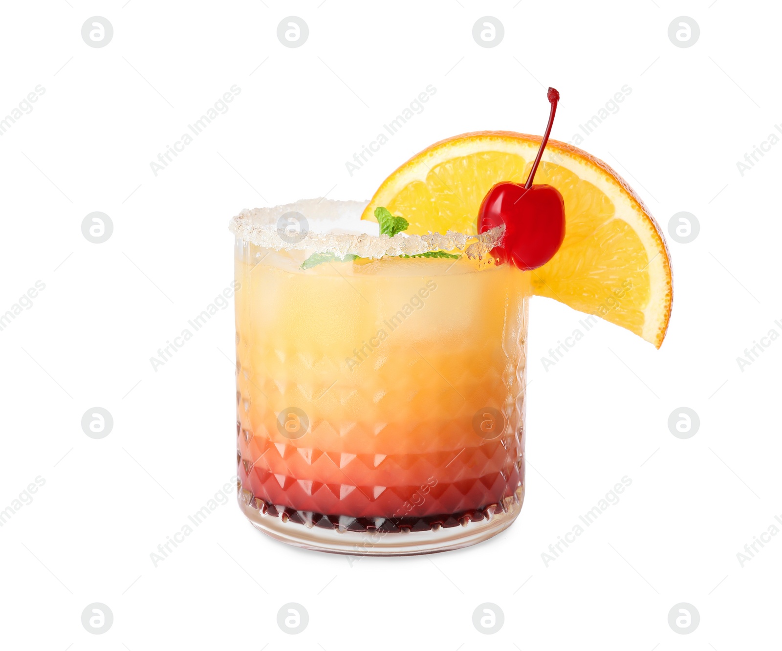 Photo of Fresh alcoholic Tequila Sunrise cocktail isolated on white