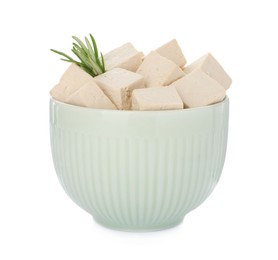 Photo of Bowl with delicious tofu and rosemary isolated on white