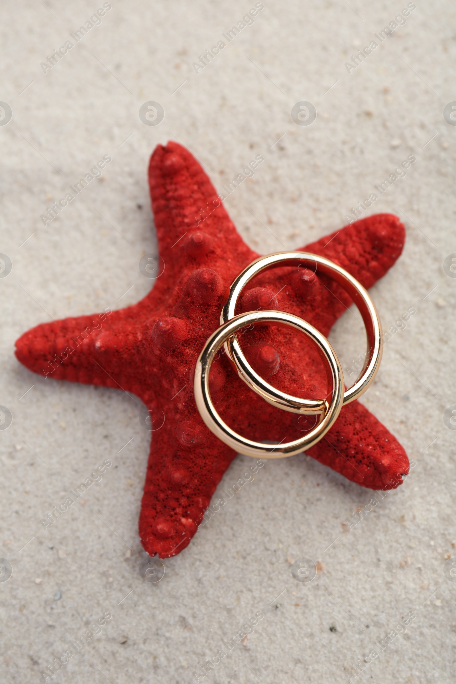 Photo of Honeymoon concept. Two golden rings and sea star on sand, top view