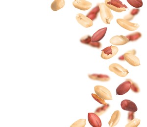 Image of Unpeeled peanuts in air on white background