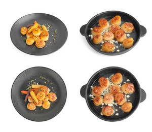 Image of Set of delicious fried scallops isolated on white, top and side views