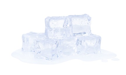 Photo of Many crystal clear ice cubes isolated on white