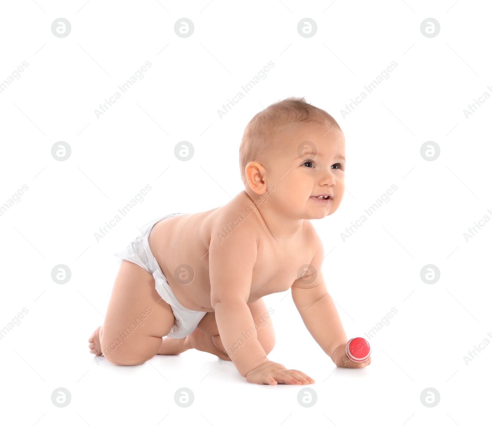 Photo of Cute little baby crawling on white background