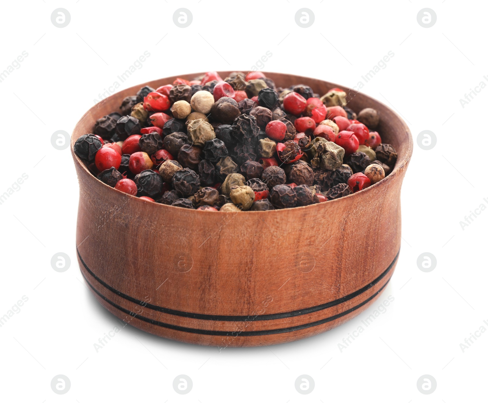 Photo of Wooden bowl with different pepper grains on white background