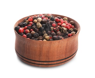 Photo of Wooden bowl with different pepper grains on white background