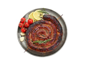Photo of Delicious homemade sausage with spices, tomatoes and lemon isolated on white, top view