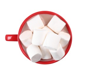 Photo of Cup of aromatic hot chocolate with marshmallows isolated on white, top view