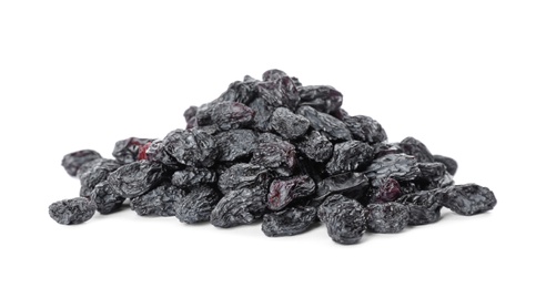 Photo of Tasty raisins on white background. Healthy dried fruit