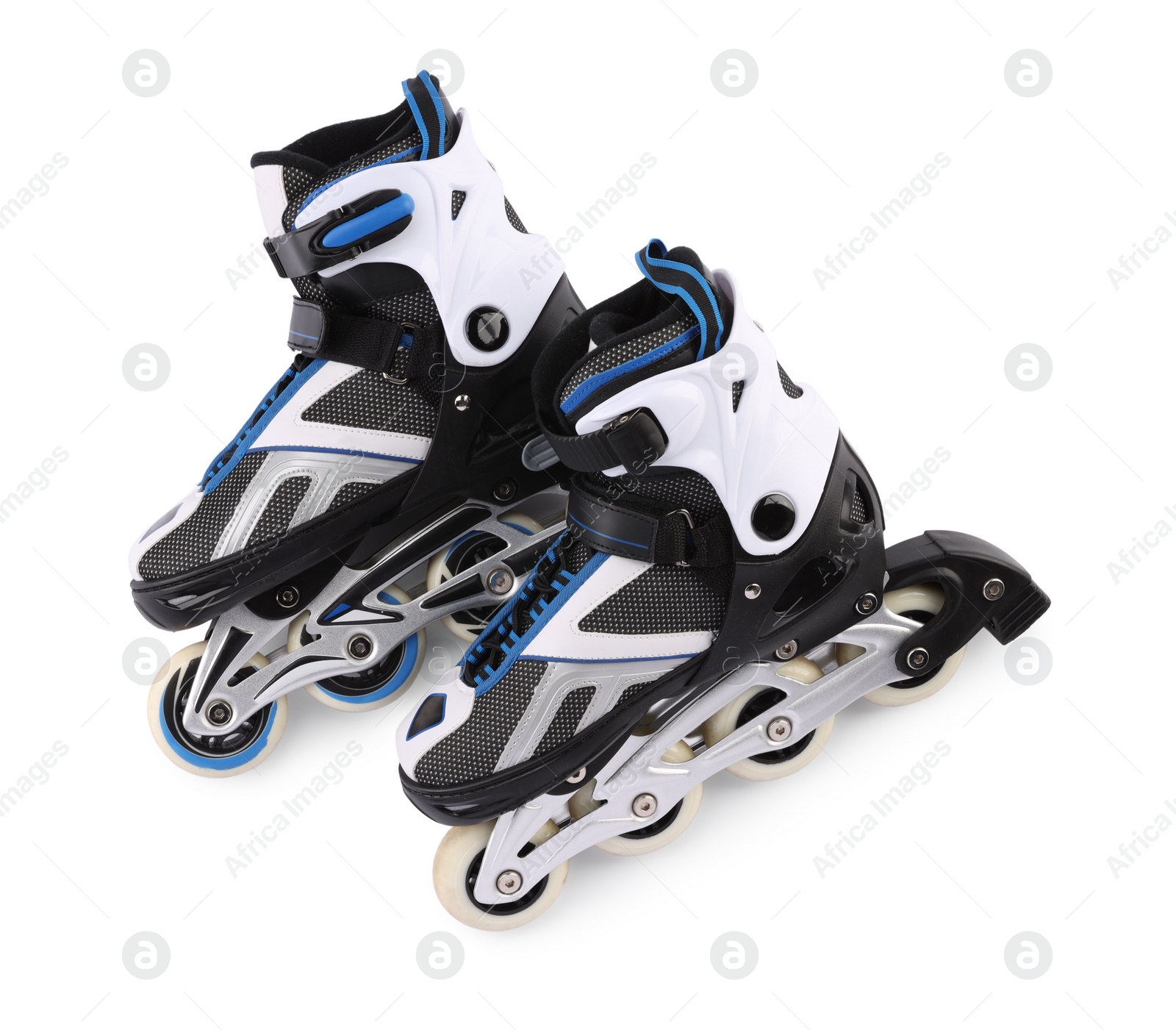 Photo of Pair of roller skates isolated on white. Sports equipment