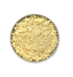 Bowl of tasty couscous on white background, top view