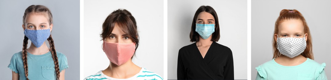 Image of Collage with photos of people wearing protective face masks on light grey background. Banner design