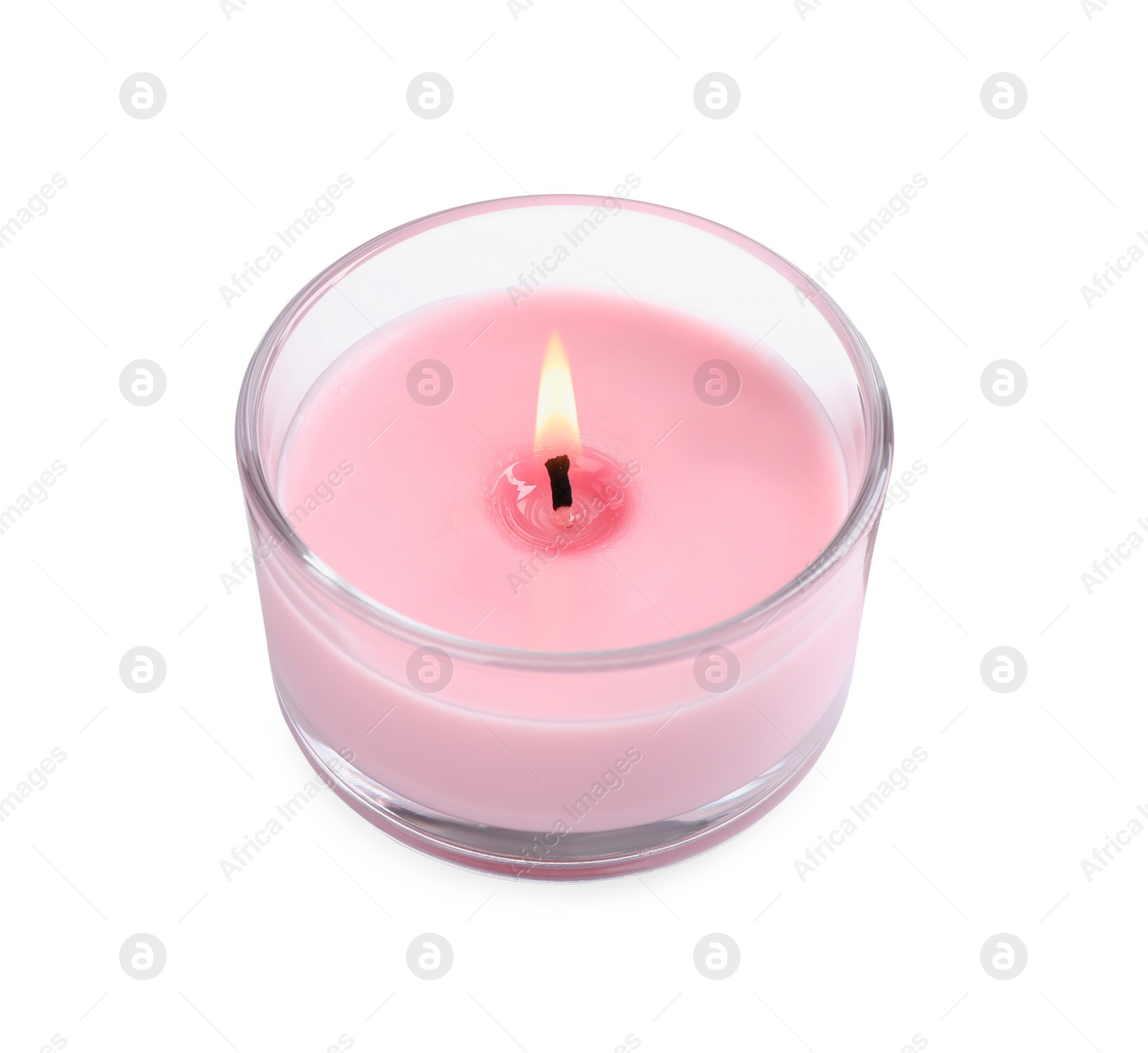 Photo of Burning candle in glass holder isolated on white