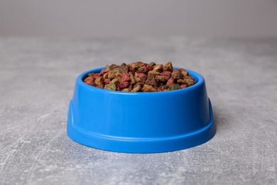 Photo of Dry food in blue pet bowl on grey surface