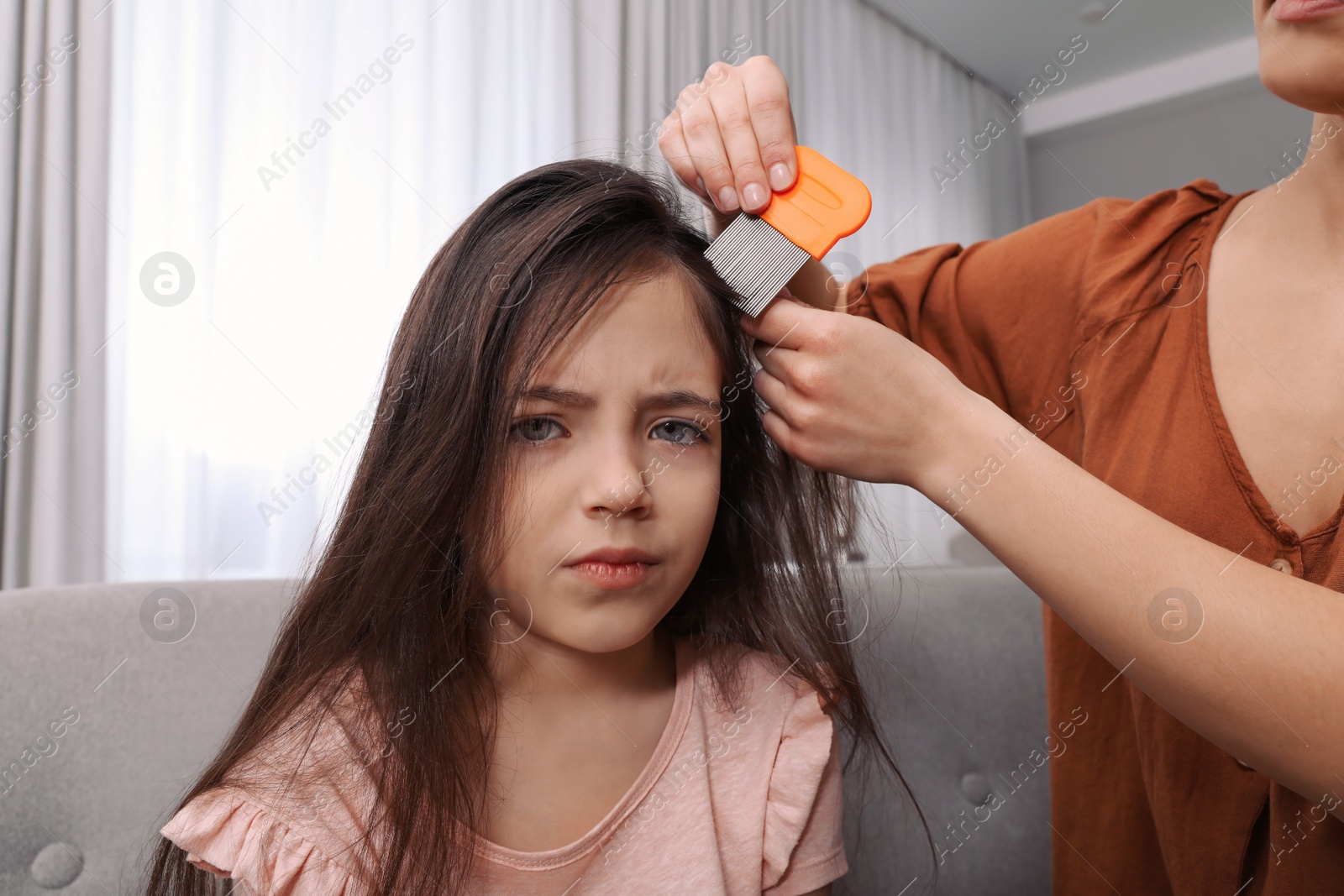 Photo of Mother using nit comb on her daughter's hair indoors. Anti lice treatment