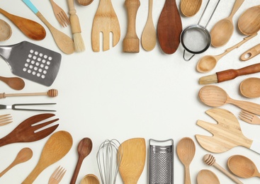 Photo of Frame of cooking utensils on white background, flat lay. Space for text