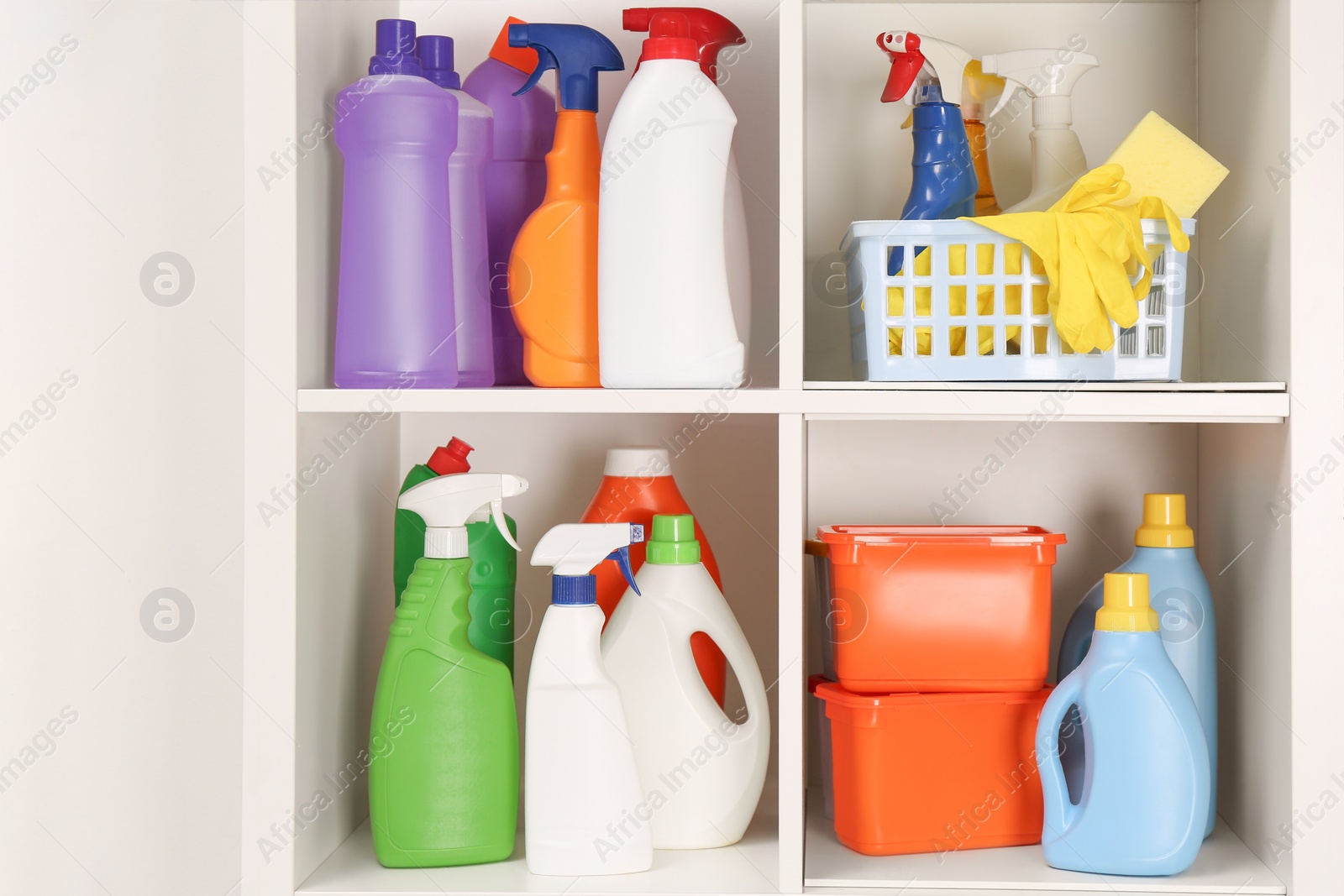 Photo of Different cleaning supplies and tools on shelves