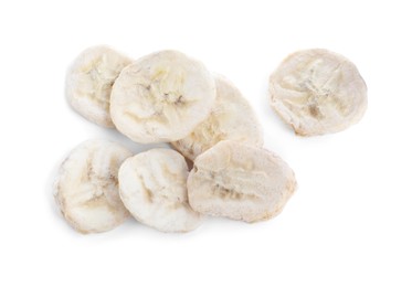 Photo of Pilefreeze dried bananas on white background, top view