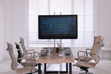 Photo of Interactive board near wooden table and chairs in meeting room