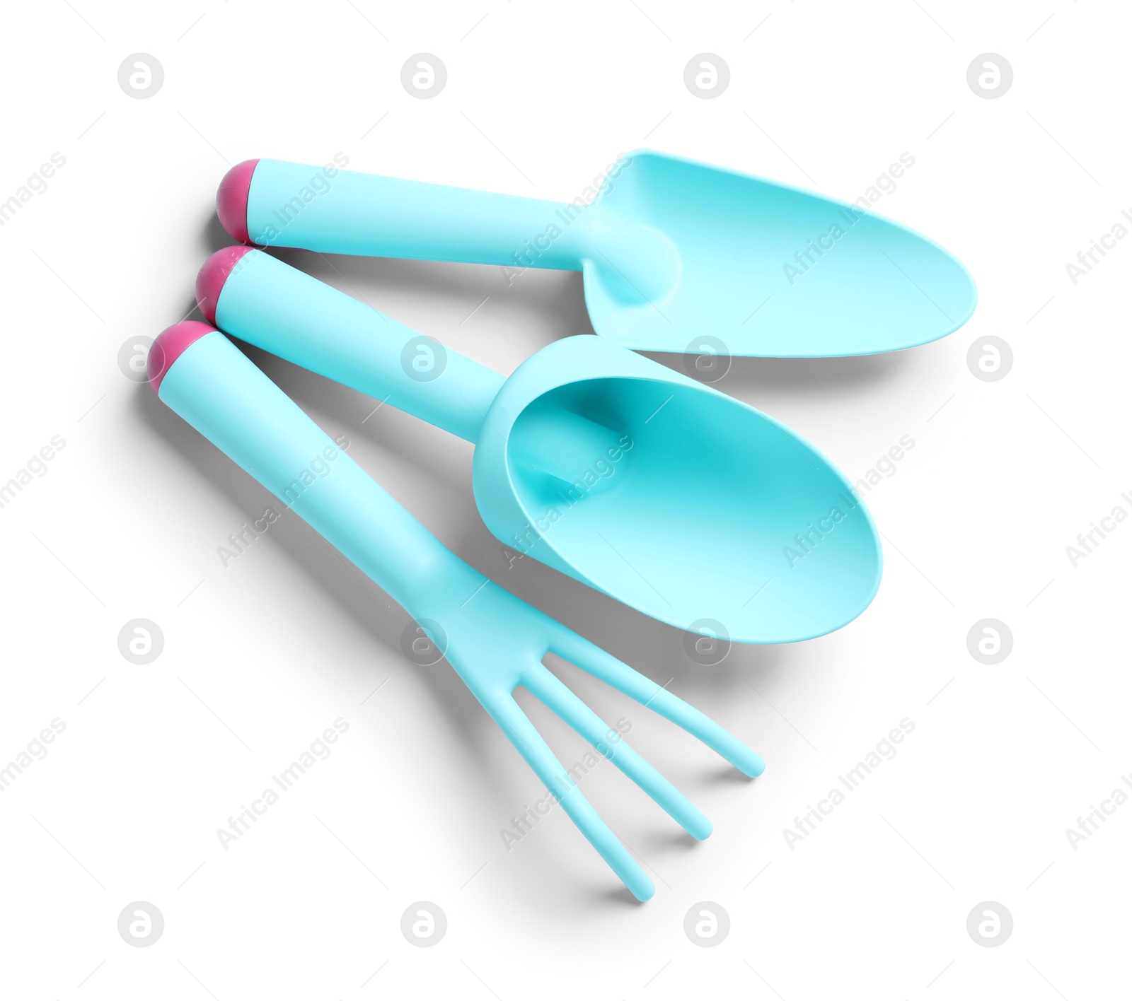 Photo of Set of professional gardening tools on white background