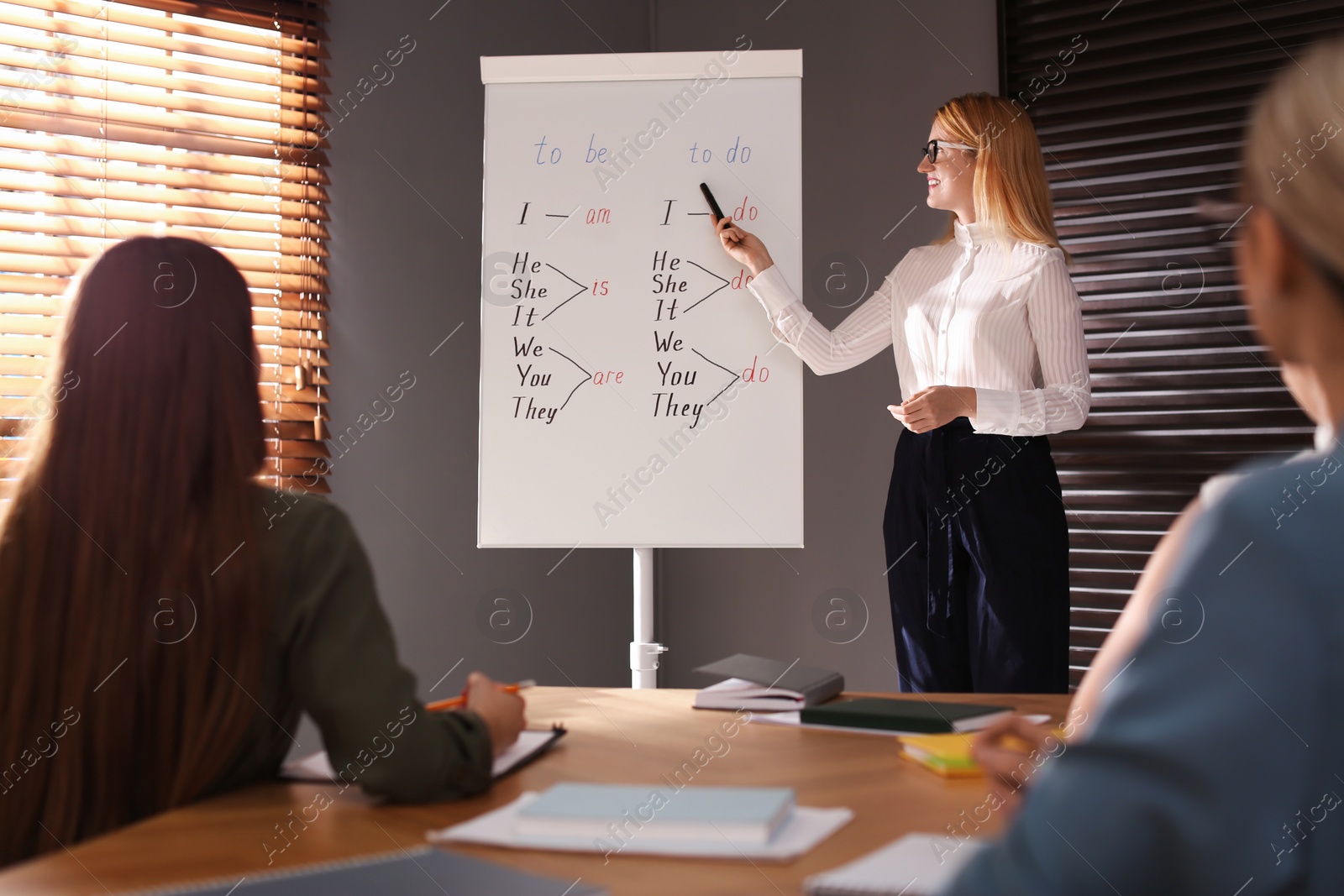 Photo of English teacher with students in class at lesson