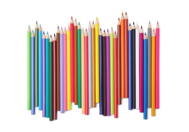 Photo of Colorful wooden pencils on white background, top view