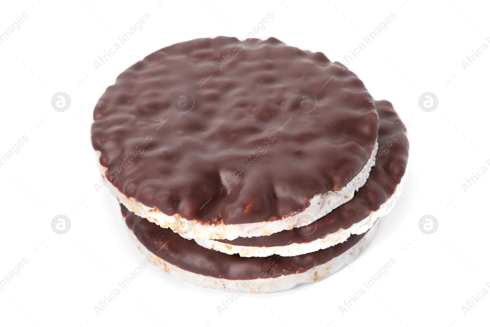 Photo of Puffed rice cakes with chocolate spread isolated on white