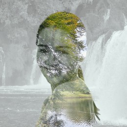 Beautiful woman and picturesque landscape, double exposure