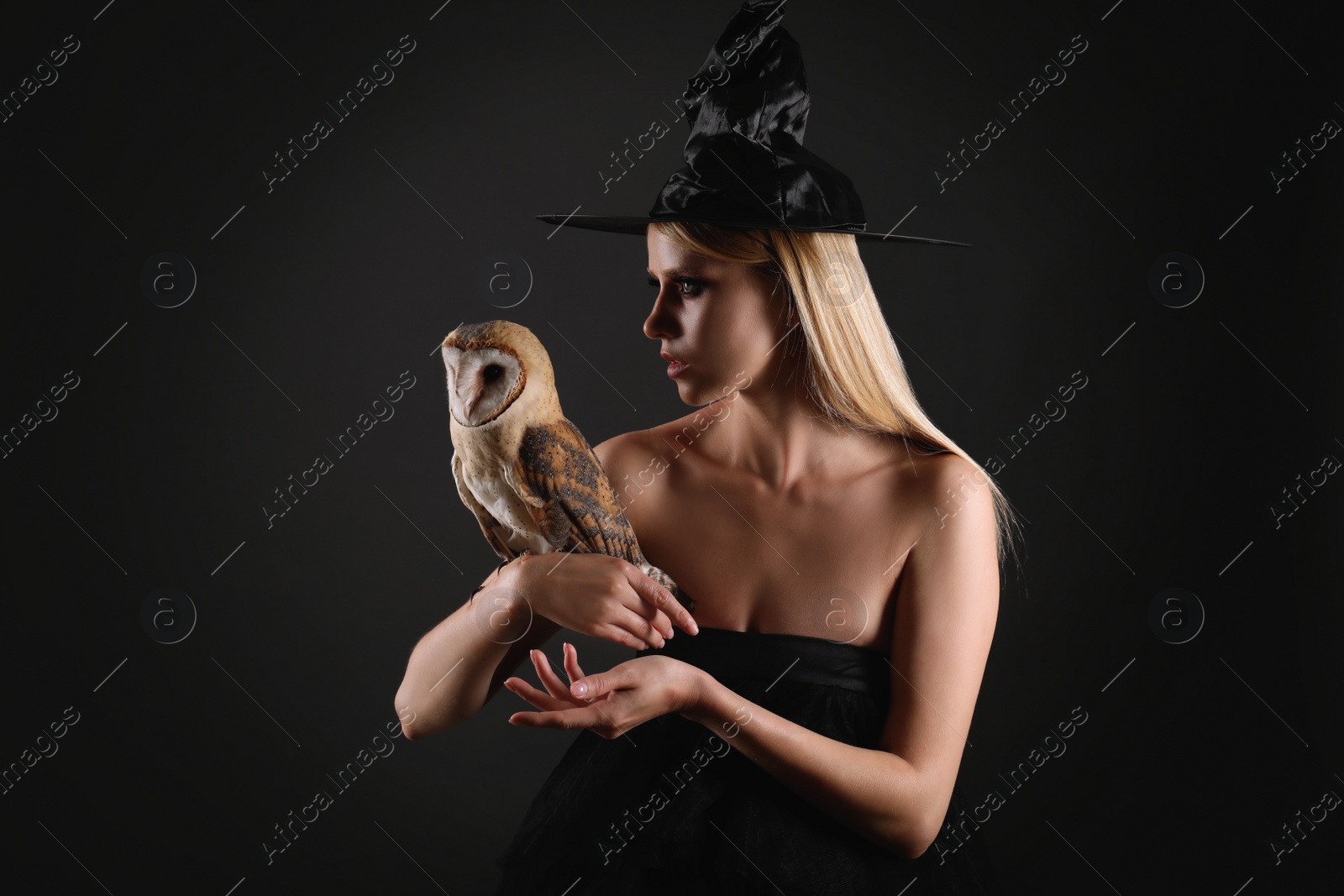 Photo of Witch in black hat with owl on dark background. Scary fantasy character