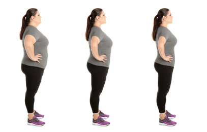 Collage with photos of overweight woman before and after weight loss on white background