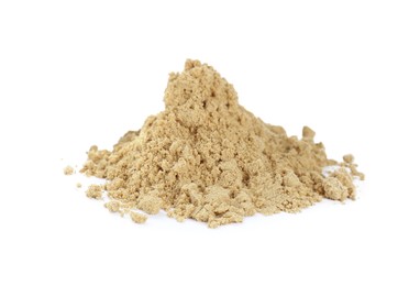 Photo of Heap of aromatic mustard powder on white background