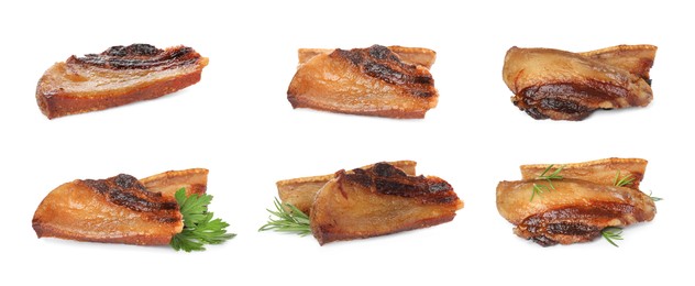 Image of Set with tasty fried pork lard on white background. Banner design