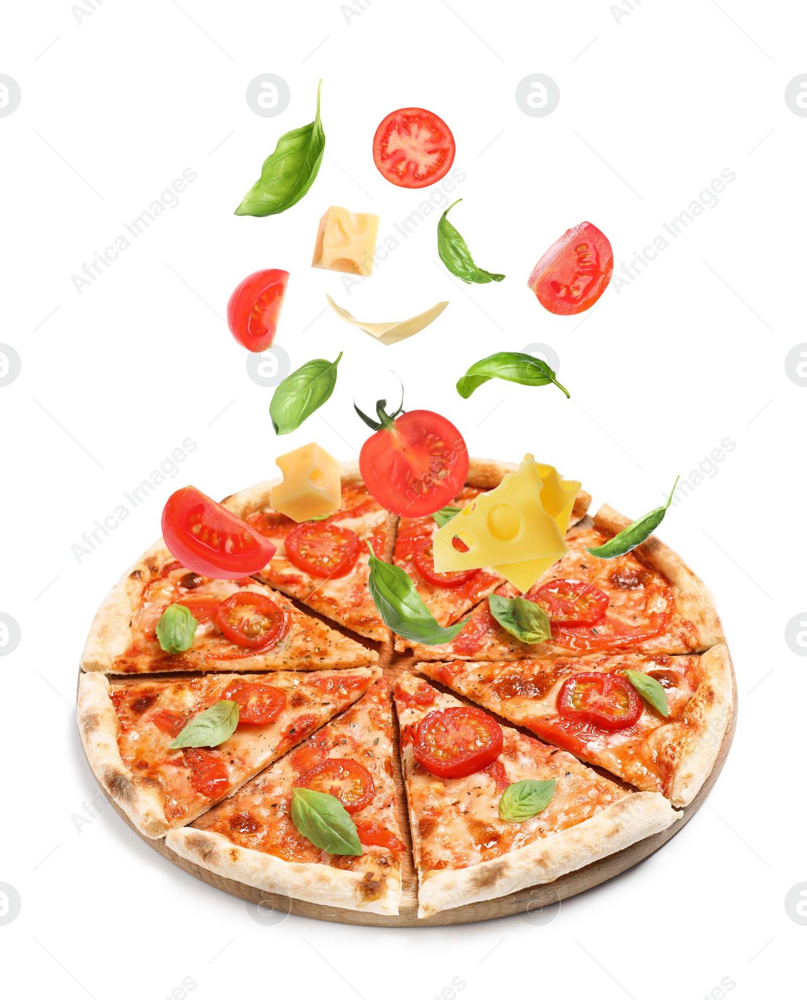 Image of Delicious pizza and flying ingredients on white background