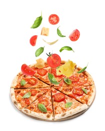 Image of Delicious pizza and flying ingredients on white background