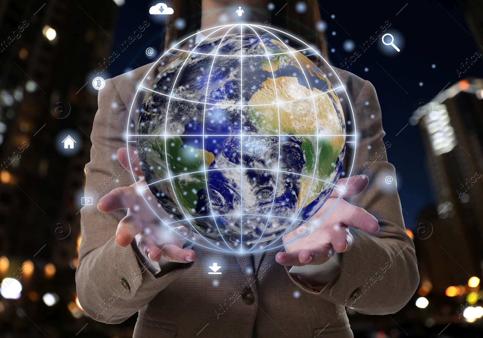 Image of Global network. Woman holding virtual model of Earth with internet connection lines