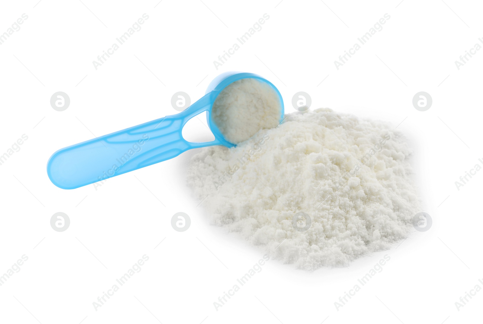 Photo of Powdered infant formula and scoop on white background. Baby milk