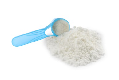 Photo of Powdered infant formula and scoop on white background. Baby milk