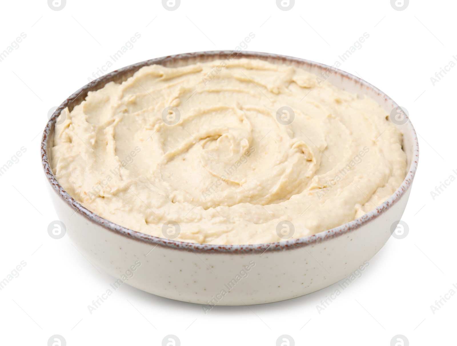 Photo of Bowl of delicious hummus isolated on white